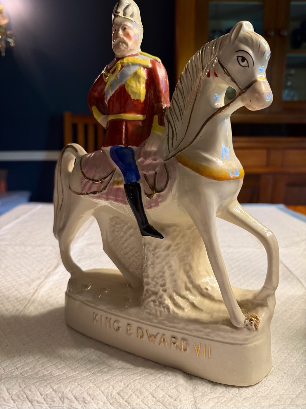 Staffordshire porcelain figurine of King Edward VII on horseback.